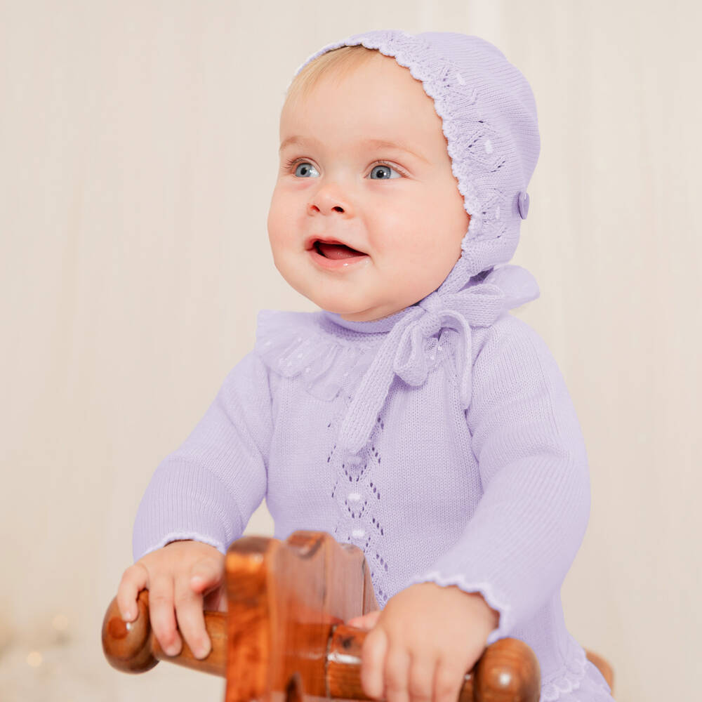 Artesanía Granlei-Girls Lilac Purple Knitted 2 Piece Babygrow with Ruffles | Childrensalon Outlet