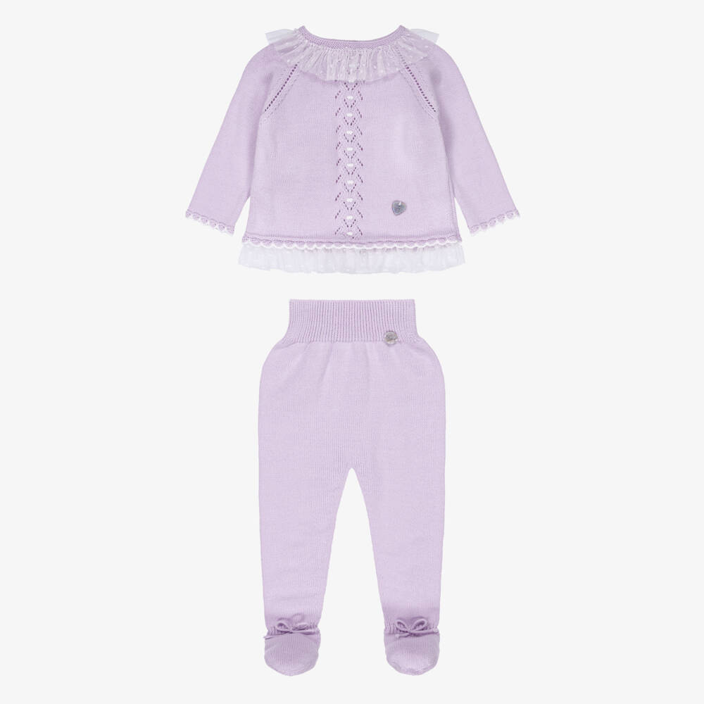 Artesanía Granlei-Girls Lilac Purple Knitted 2 Piece Babygrow with Ruffles | Childrensalon Outlet