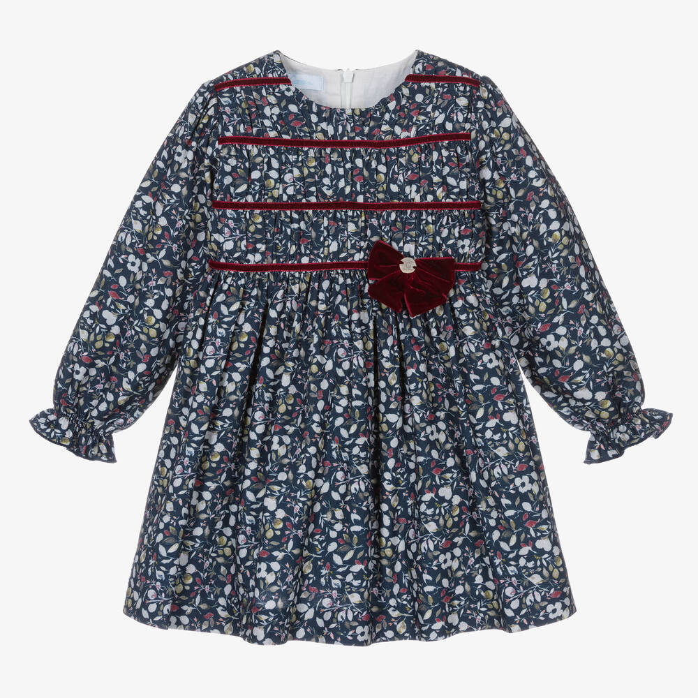 Artesanía Granlei - Girls Navy Blue Floral Print Dress | Childrensalon