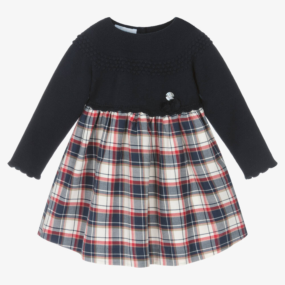 Artesanía Granlei - Girls Navy Blue Knit Tartan Dress | Childrensalon