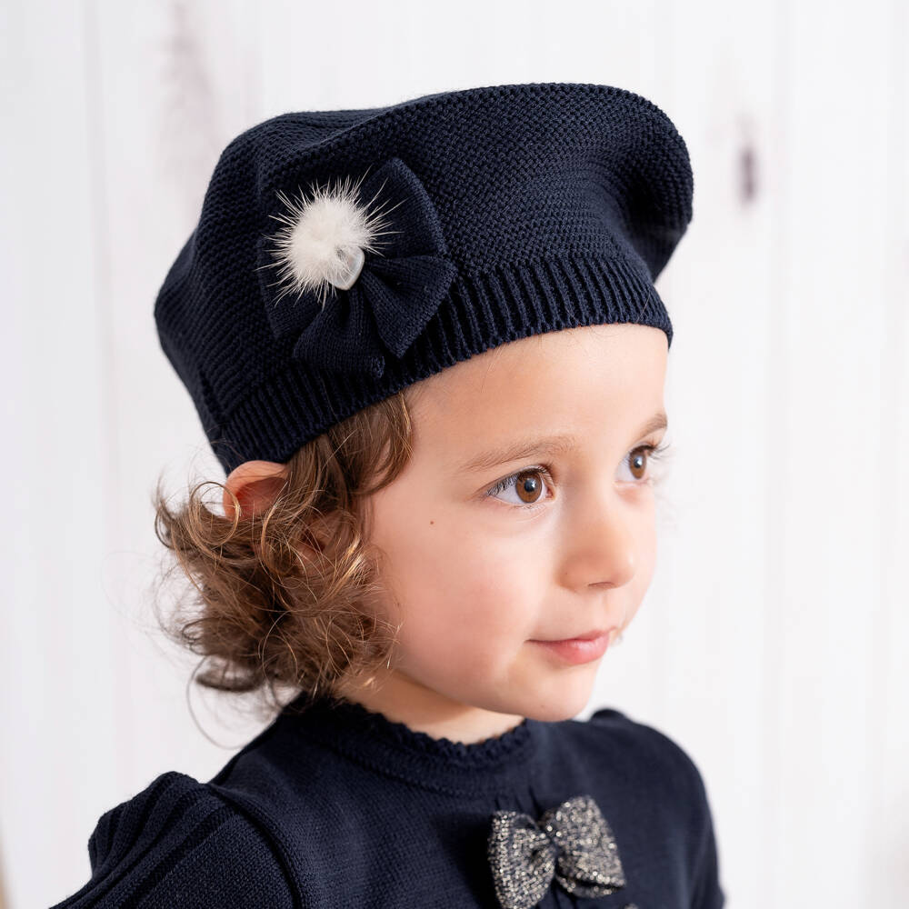 Artesanía Granlei-Girls Navy Blue Knitted Beret | Childrensalon Outlet