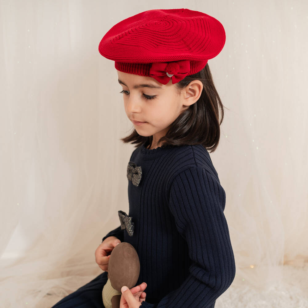 Artesanía Granlei-Girls Navy Blue Knitted Dress with Bows | Childrensalon Outlet