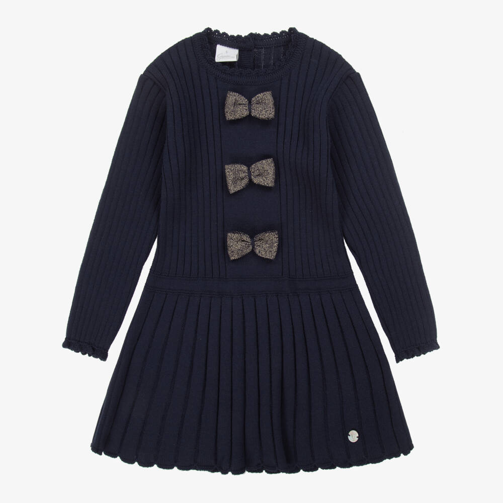 Artesanía Granlei-Girls Navy Blue Knitted Dress with Bows | Childrensalon Outlet