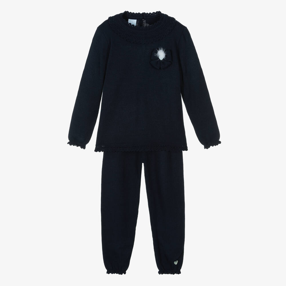 Artesanía Granlei - Girls Navy Blue Knitted Trousers Set | Childrensalon