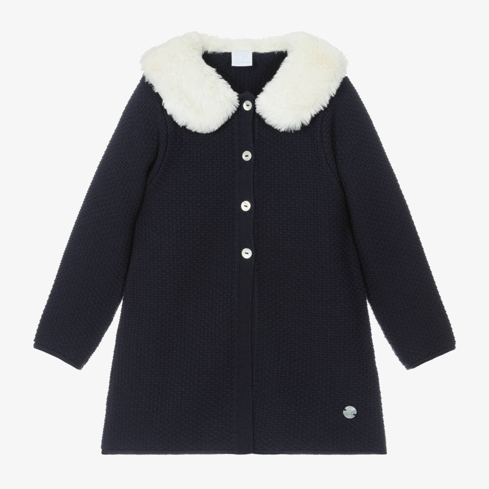 Artesanía Granlei-Girls Navy Knit Coat with Fur | Childrensalon Outlet