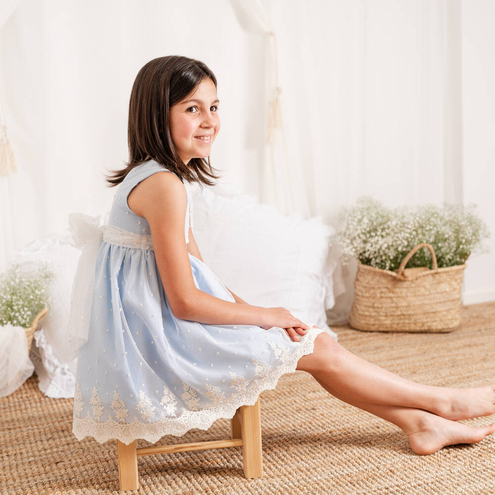 Artesanía Granlei-Girls Pale Blue Embroidered Tulle Sleeveless Dress | Childrensalon Outlet