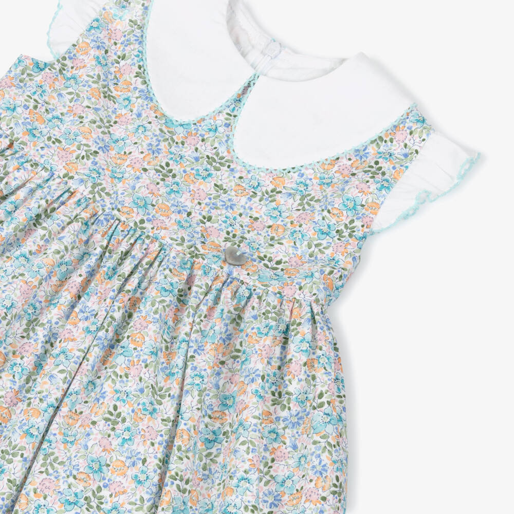 Artesanía Granlei-Girls Pale Blue Floral Cotton Dress with White Collar | Childrensalon Outlet