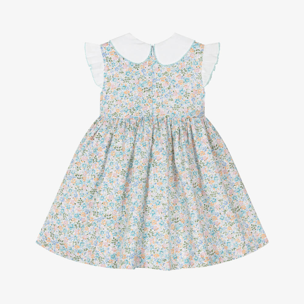 Artesanía Granlei-Girls Pale Blue Floral Cotton Dress with White Collar | Childrensalon Outlet