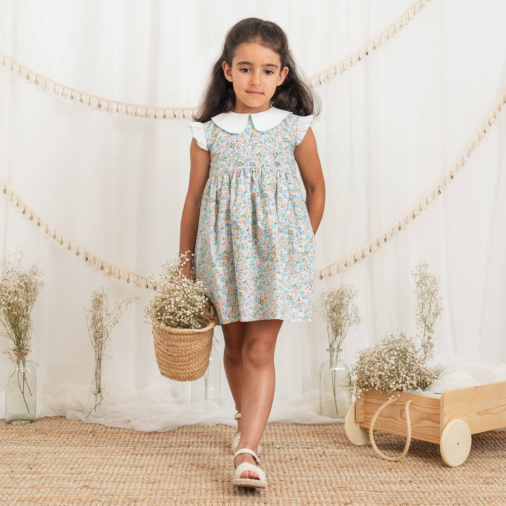 Artesanía Granlei-Girls Pale Blue Floral Cotton Dress with White Collar | Childrensalon Outlet