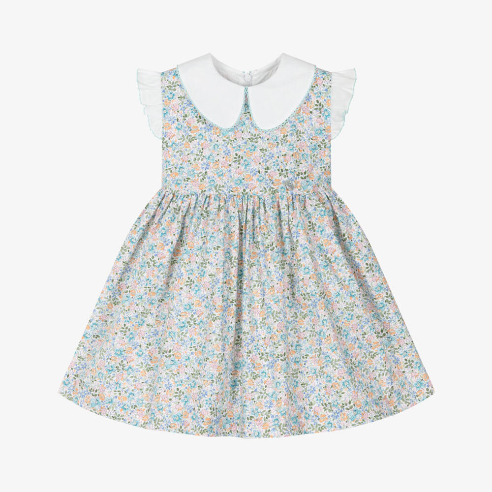 Artesanía Granlei-Girls Pale Blue Floral Cotton Dress with White Collar | Childrensalon Outlet