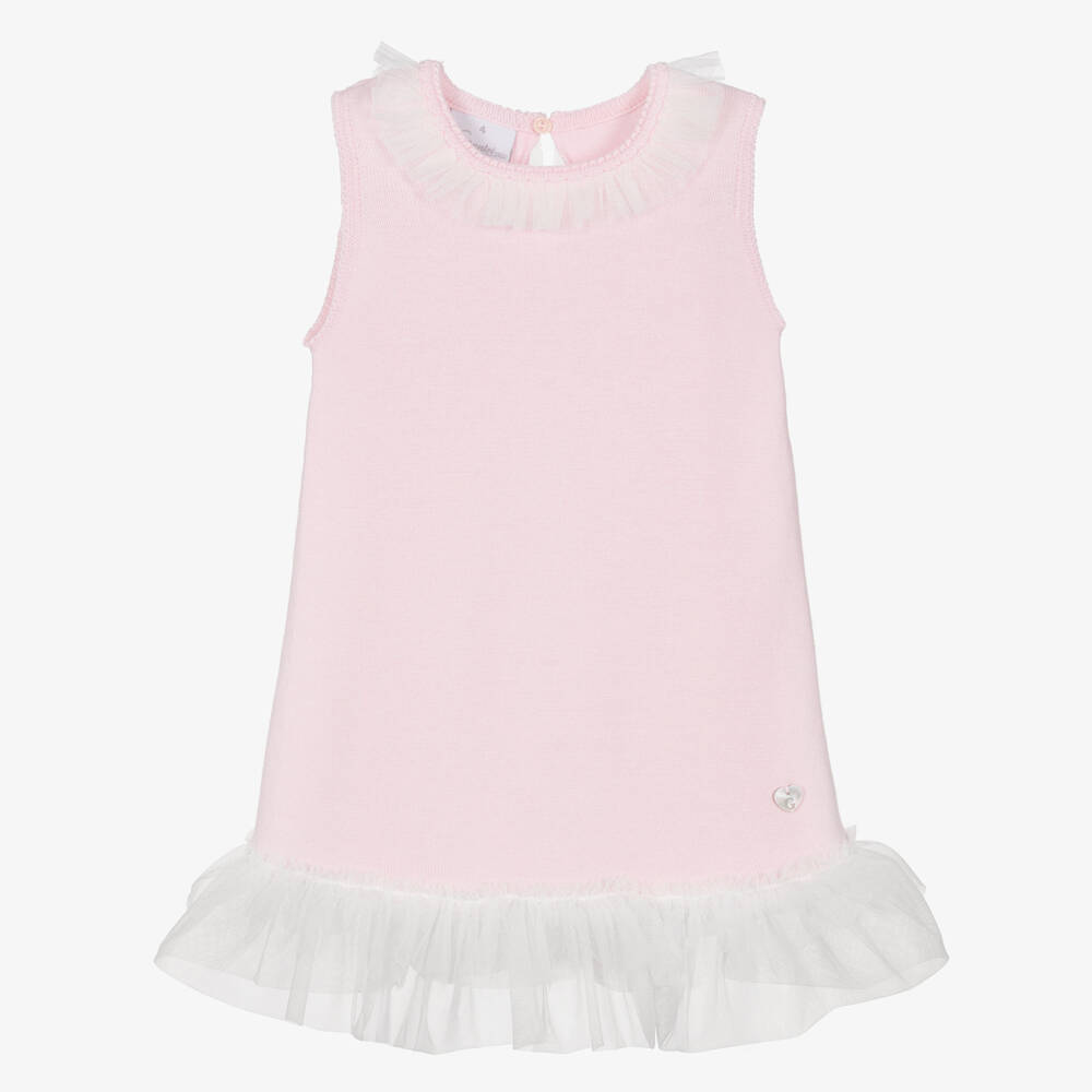 Artesanía Granlei-Girls Pale Pink Knit Dress with Tulle Trims | Childrensalon Outlet