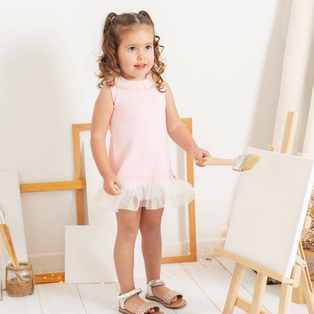 Artesanía Granlei-Girls Pale Pink Knit Dress with Tulle Trims | Childrensalon Outlet
