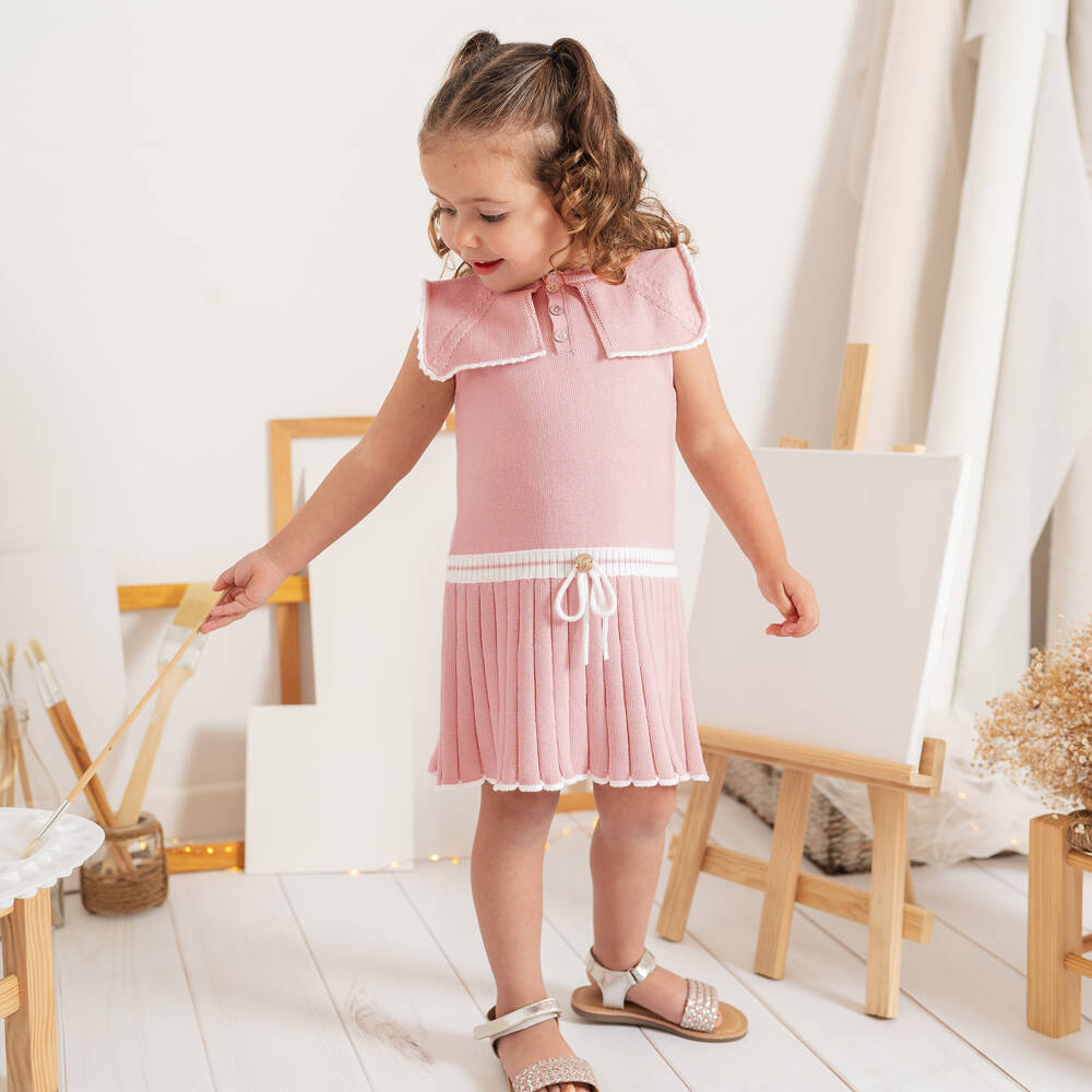 Artesanía Granlei-Girls Pale Pink & White Knitted Sailor Dress | Childrensalon Outlet