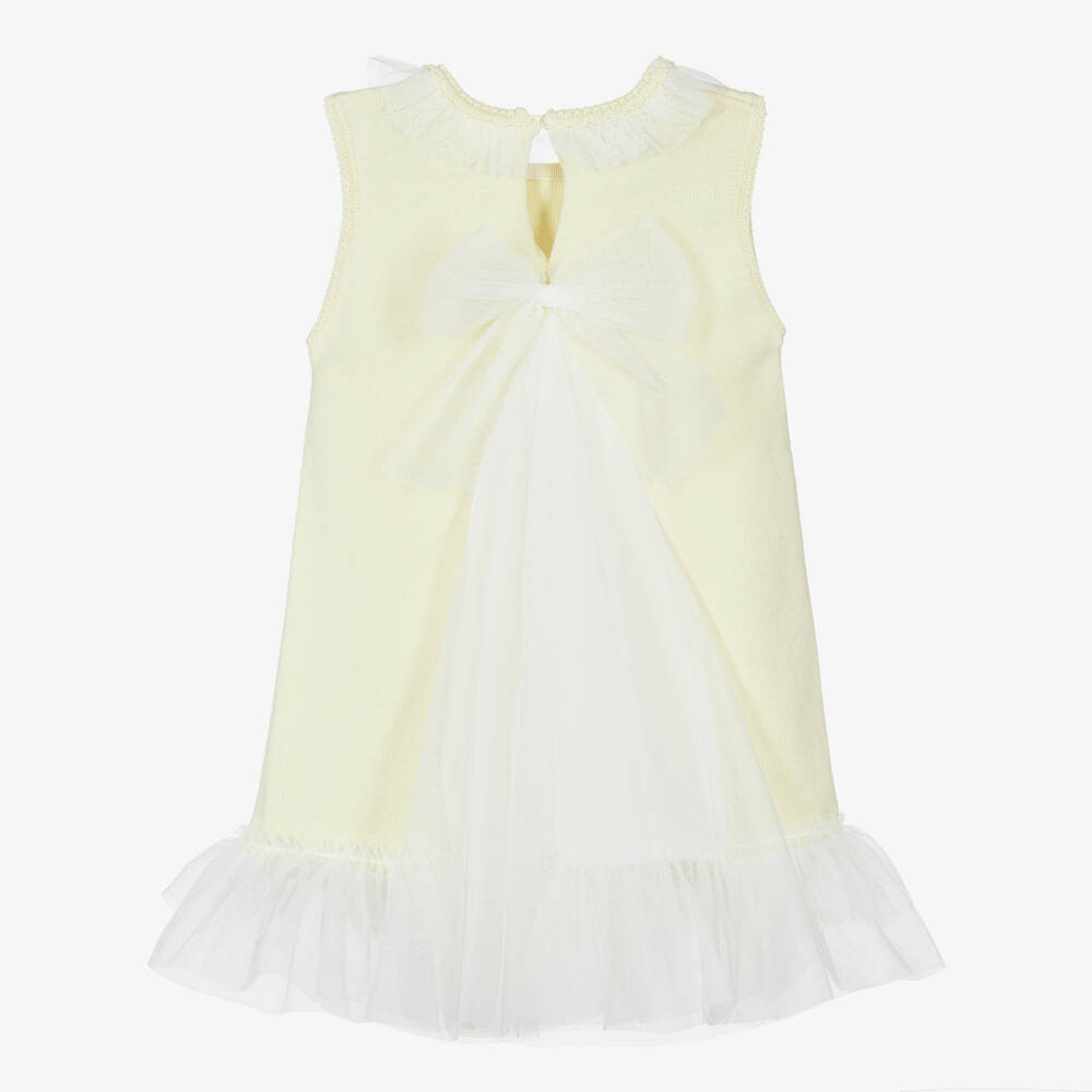 Artesanía Granlei-Girls Pale Yellow Knitted Dress with Tulle Trims | Childrensalon Outlet