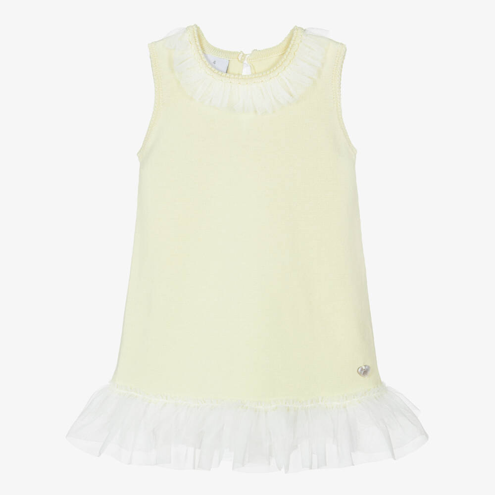 Artesanía Granlei-Girls Pale Yellow Knitted Dress with Tulle Trims | Childrensalon Outlet