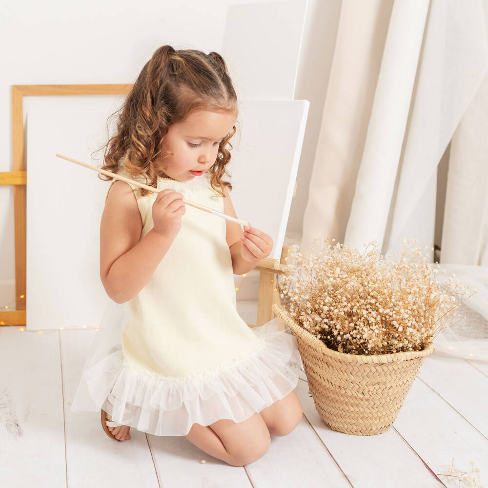 Artesanía Granlei-Girls Pale Yellow Knitted Dress with Tulle Trims | Childrensalon Outlet