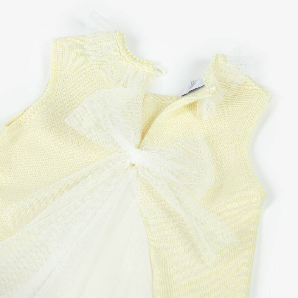 Artesanía Granlei-Girls Pale Yellow Knitted Dress with Tulle Trims | Childrensalon Outlet