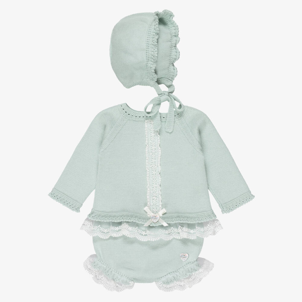 Artesanía Granlei-Girls Pastel Green Knitted Shorts Set with Bonnet | Childrensalon Outlet