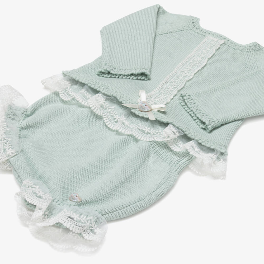 Artesanía Granlei-Girls Pastel Green Knitted Shorts Set with Bonnet | Childrensalon Outlet