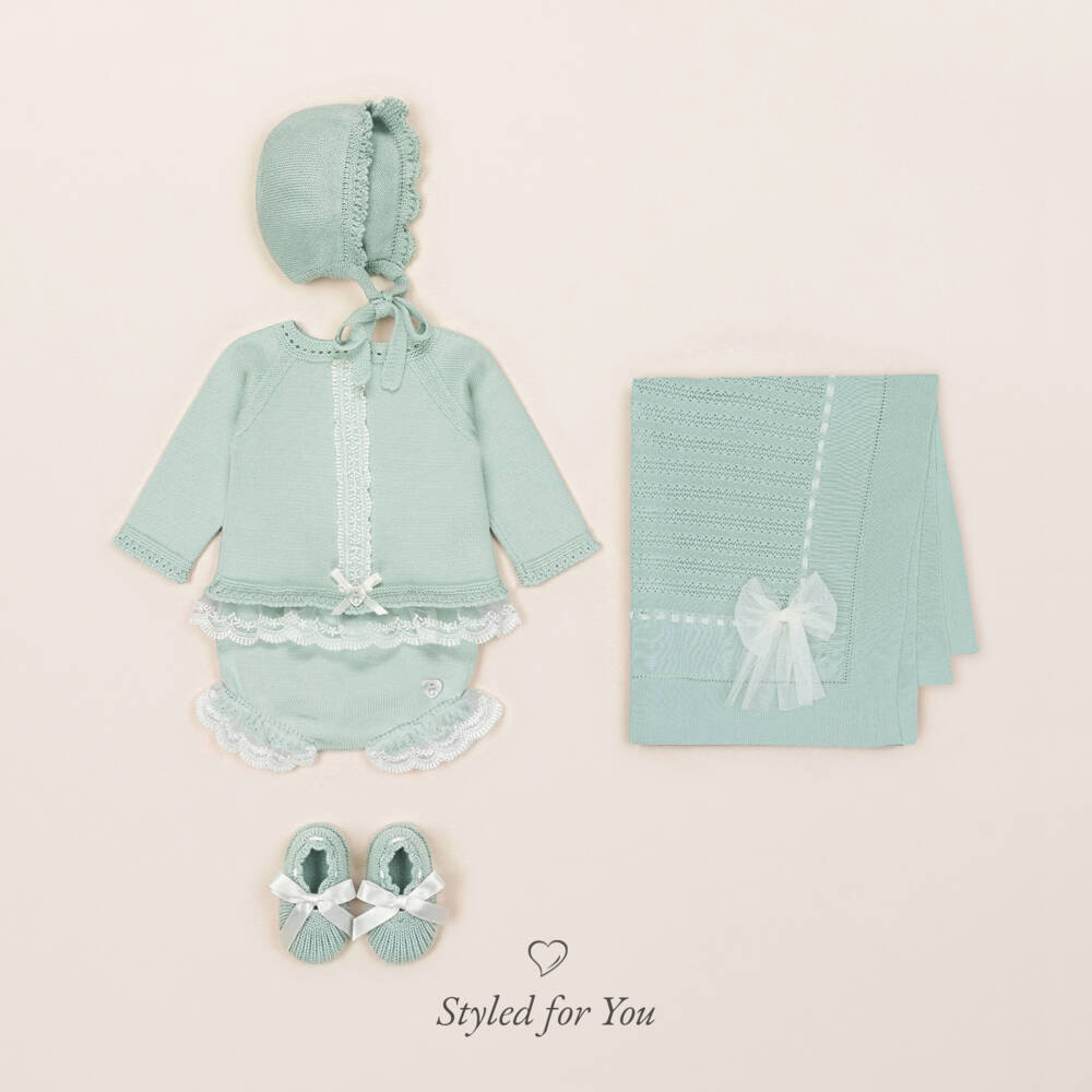 Artesanía Granlei-Girls Pastel Green Knitted Shorts Set with Bonnet | Childrensalon Outlet