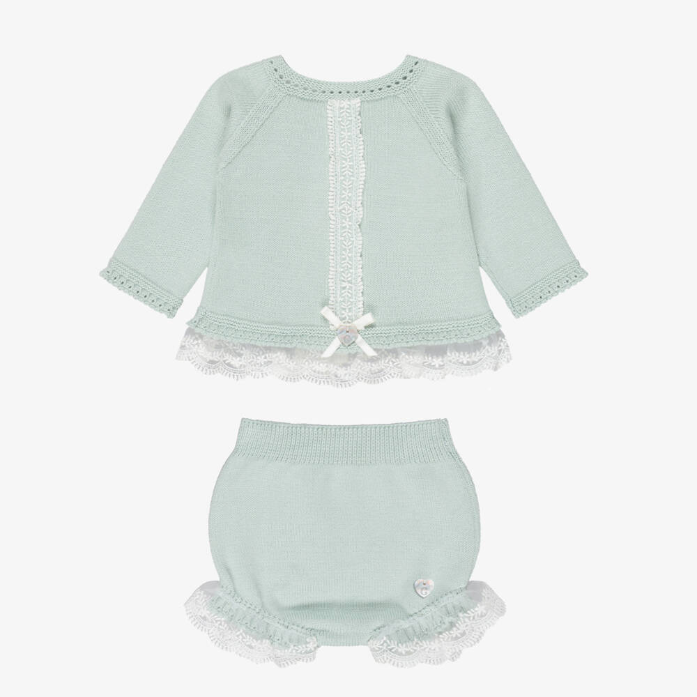 Artesanía Granlei-Girls Pastel Green Knitted Shorts Set with Bonnet | Childrensalon Outlet