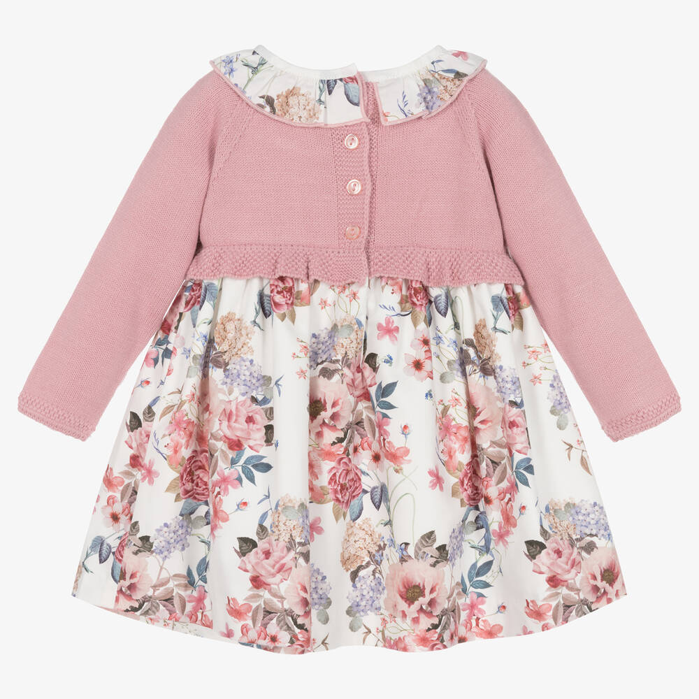 Artesanía Granlei-فستان أكريليك محبوك وقطن لون زهري بطبعة ورود | Childrensalon Outlet