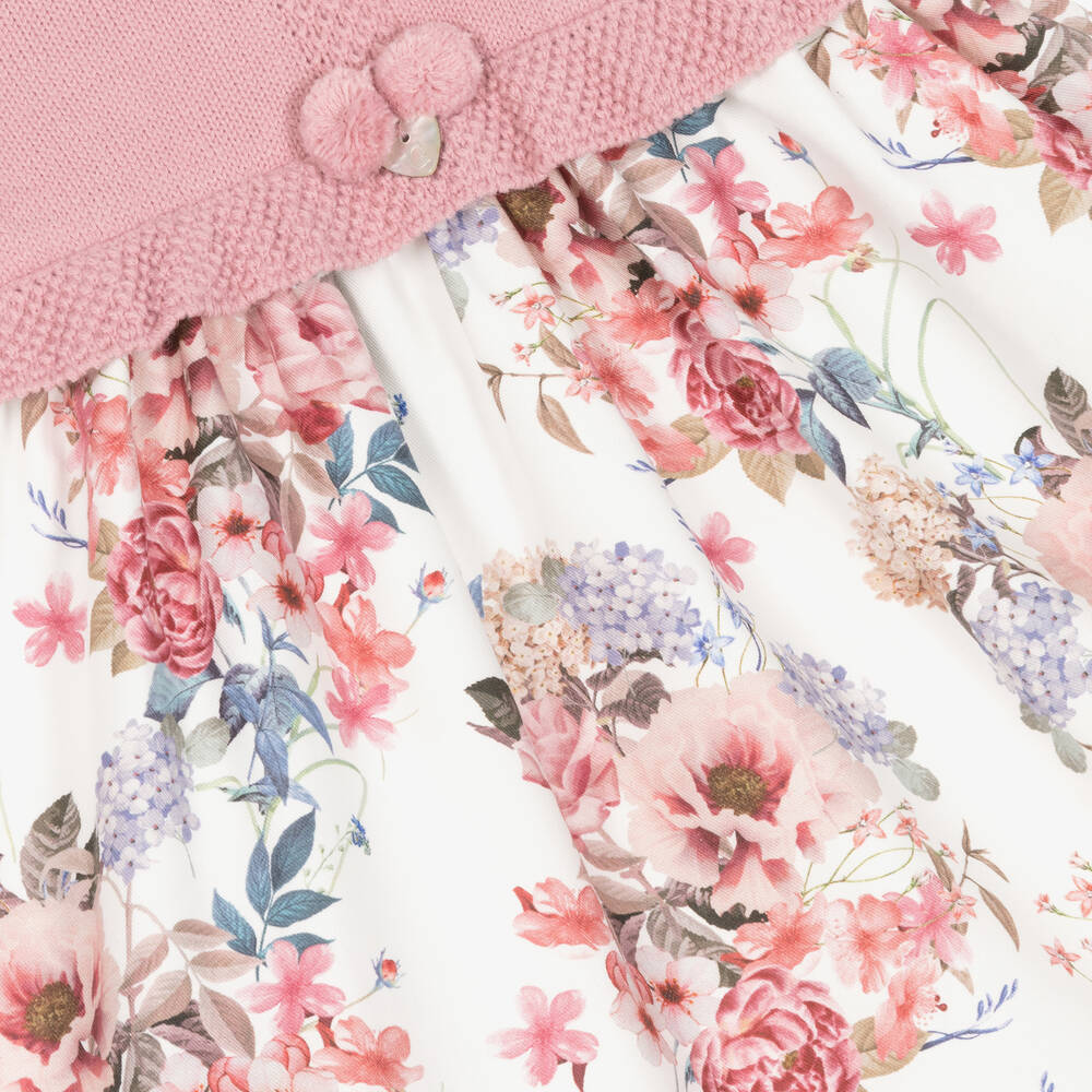 Artesanía Granlei-فستان أكريليك محبوك وقطن لون زهري بطبعة ورود | Childrensalon Outlet