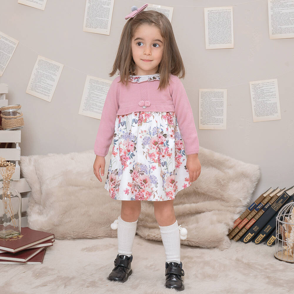 Artesanía Granlei-فستان أكريليك محبوك وقطن لون زهري بطبعة ورود | Childrensalon Outlet