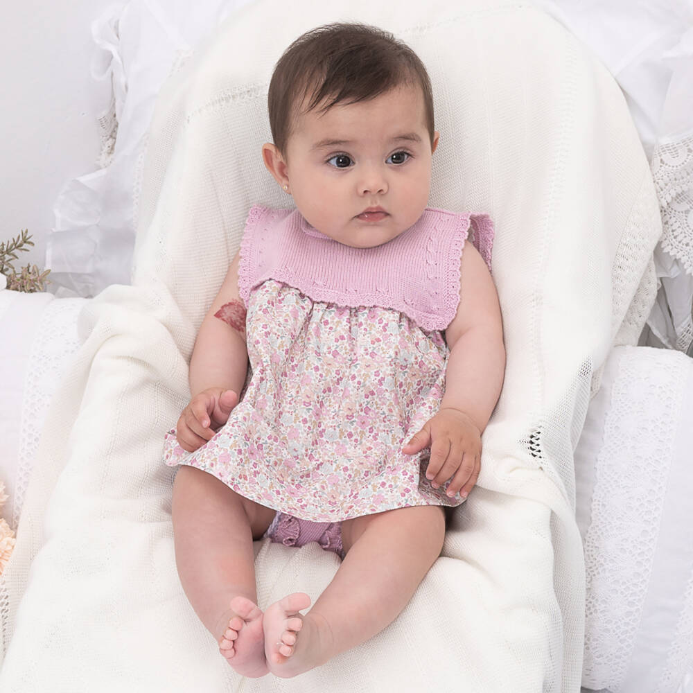 Artesanía Granlei-فستان مزيج قطن محبوك لون زهري بطبعة ورود | Childrensalon Outlet