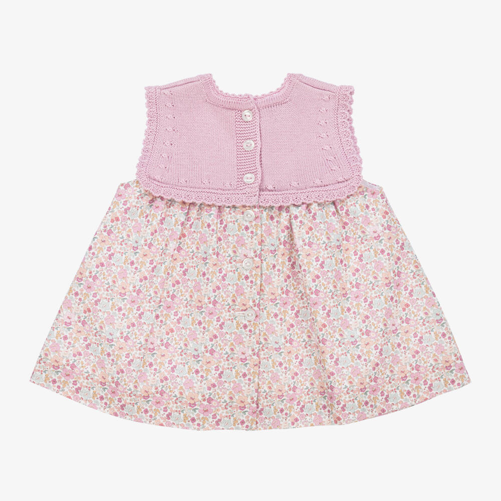 Artesanía Granlei-فستان مزيج قطن محبوك لون زهري بطبعة ورود | Childrensalon Outlet