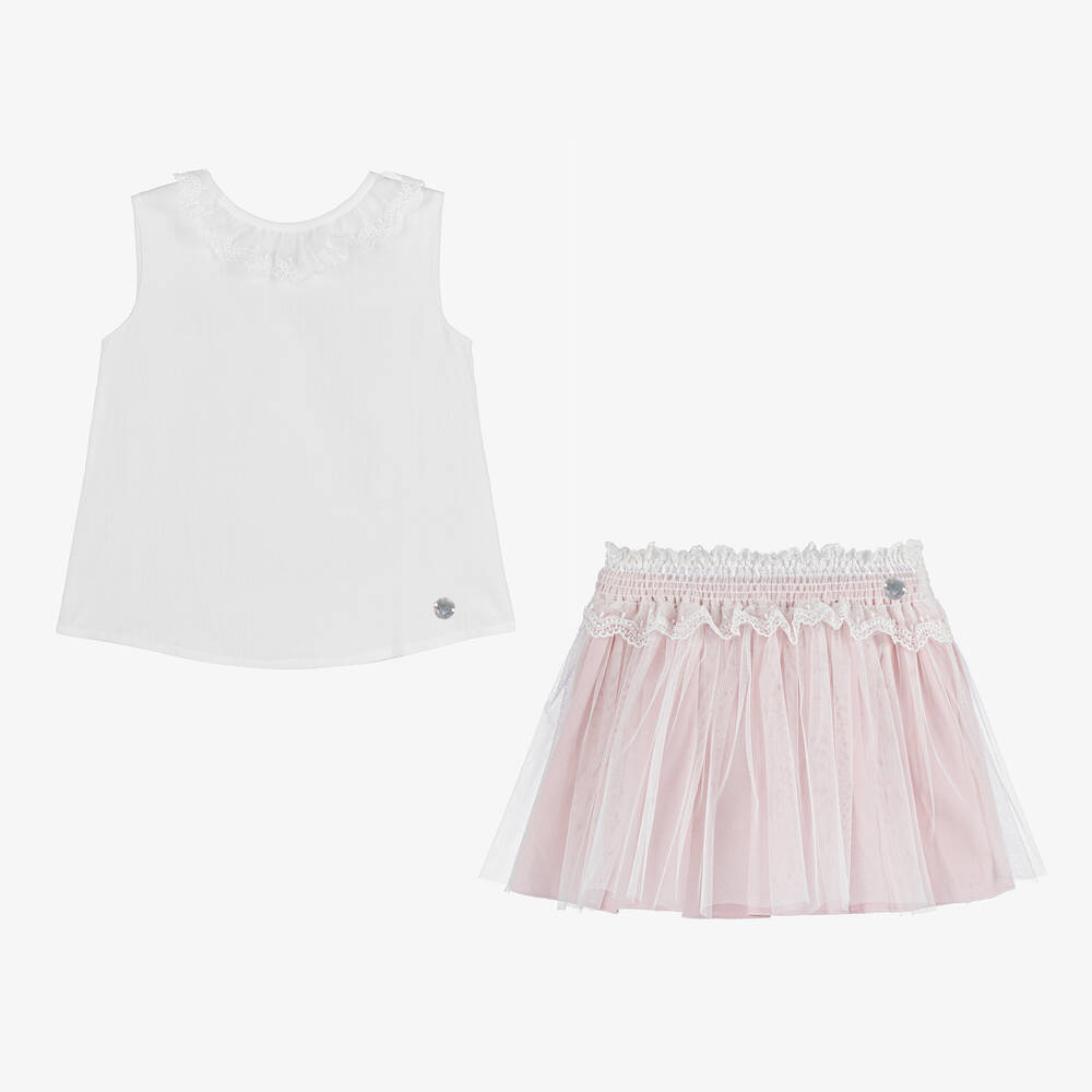 Artesanía Granlei-Girls Pink Cotton & Tulle Skirt Set | Childrensalon Outlet