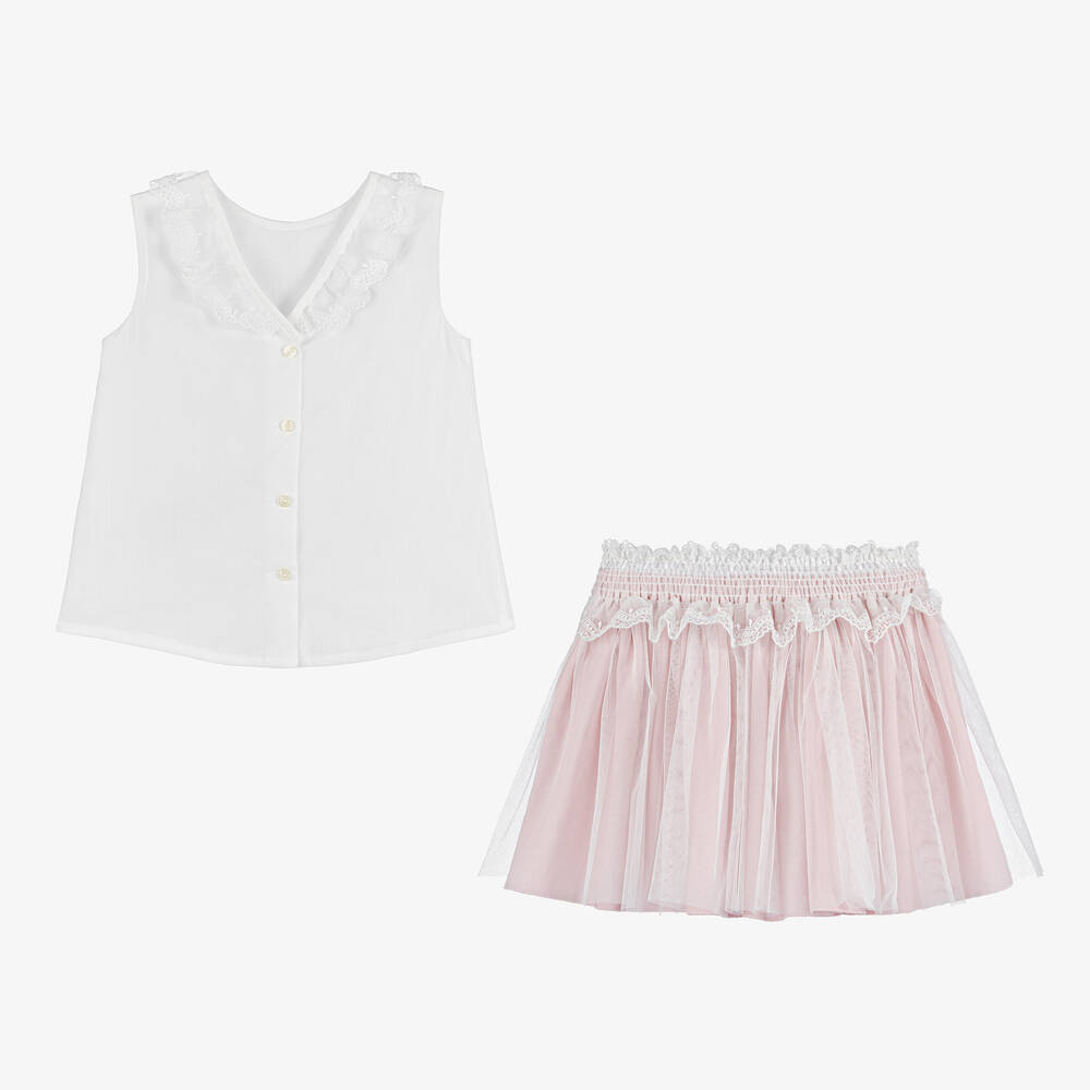 Artesanía Granlei-Girls Pink Cotton & Tulle Skirt Set | Childrensalon Outlet