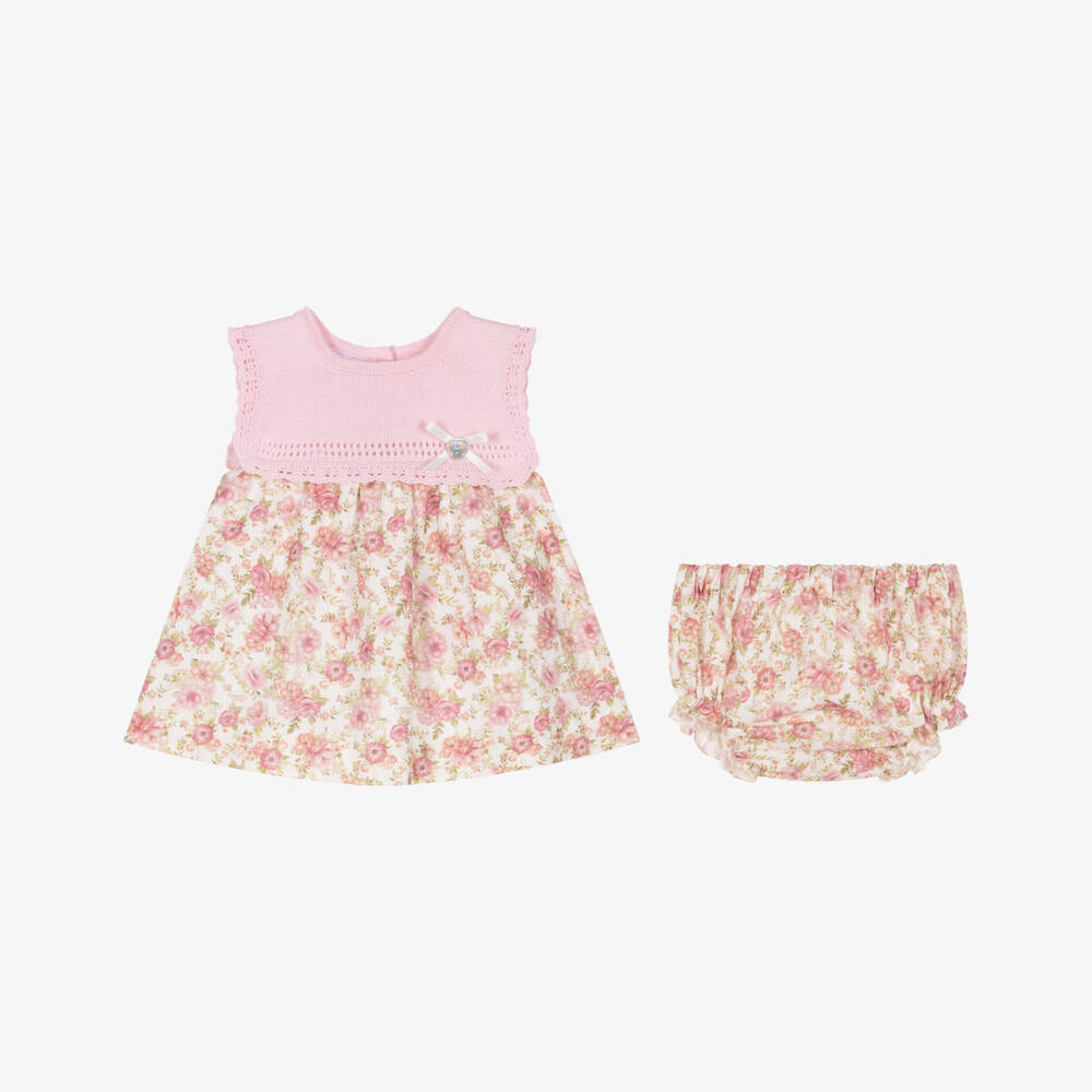 Artesanía Granlei-Girls Pink & Green Floral Dress with Knitted Bodice | Childrensalon Outlet