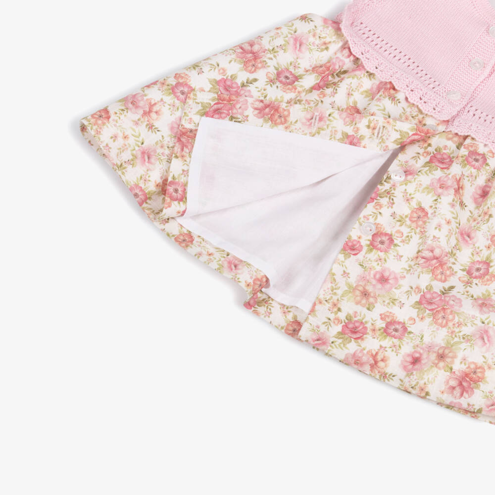 Artesanía Granlei-Girls Pink & Green Floral Dress with Knitted Bodice | Childrensalon Outlet