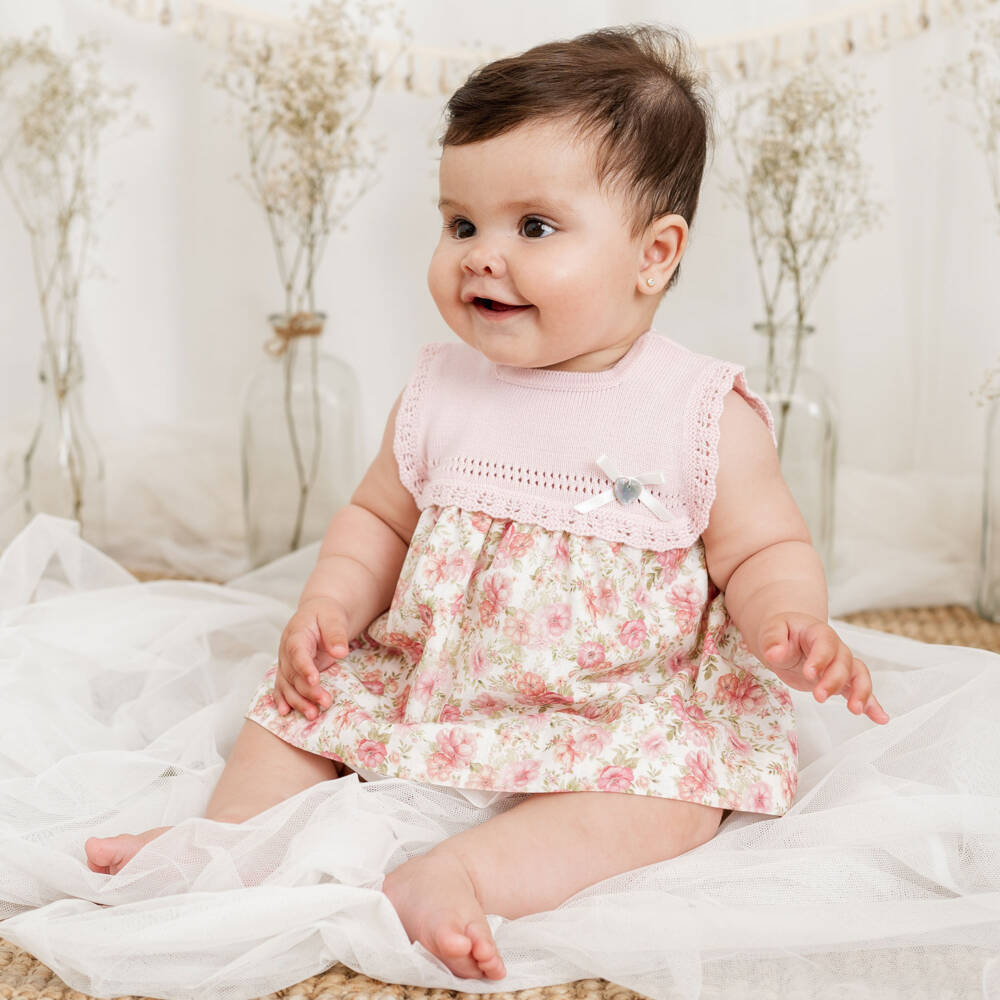 Artesanía Granlei-Girls Pink & Green Floral Dress with Knitted Bodice | Childrensalon Outlet