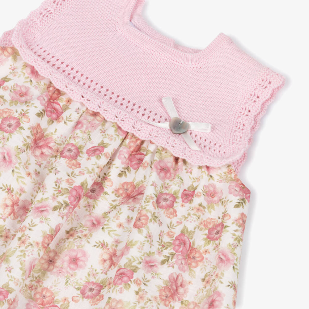 Artesanía Granlei-Girls Pink & Green Floral Dress with Knitted Bodice | Childrensalon Outlet