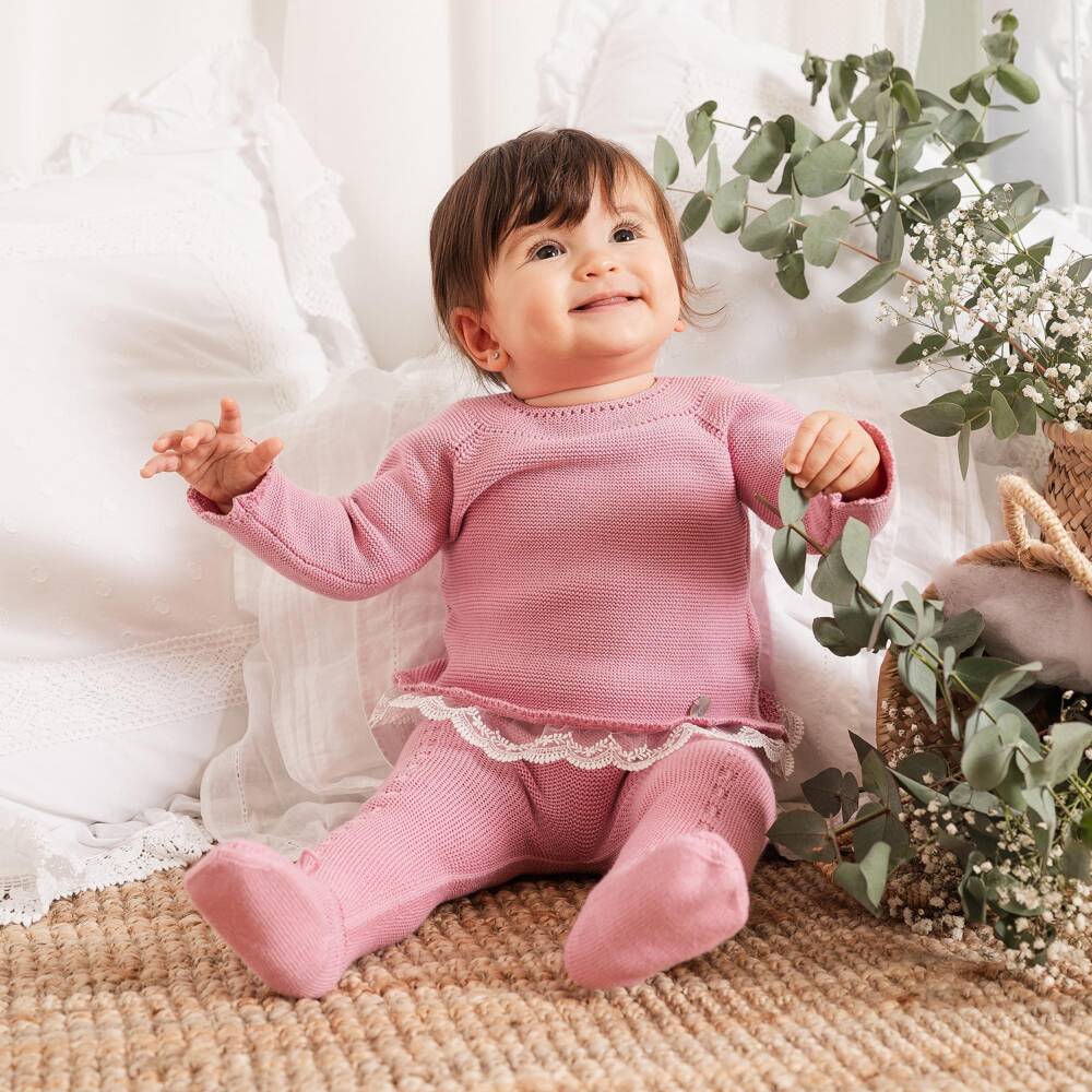 Artesanía Granlei-Girls Pink Knitted 2 Piece Babygrow with Lace Trim | Childrensalon Outlet