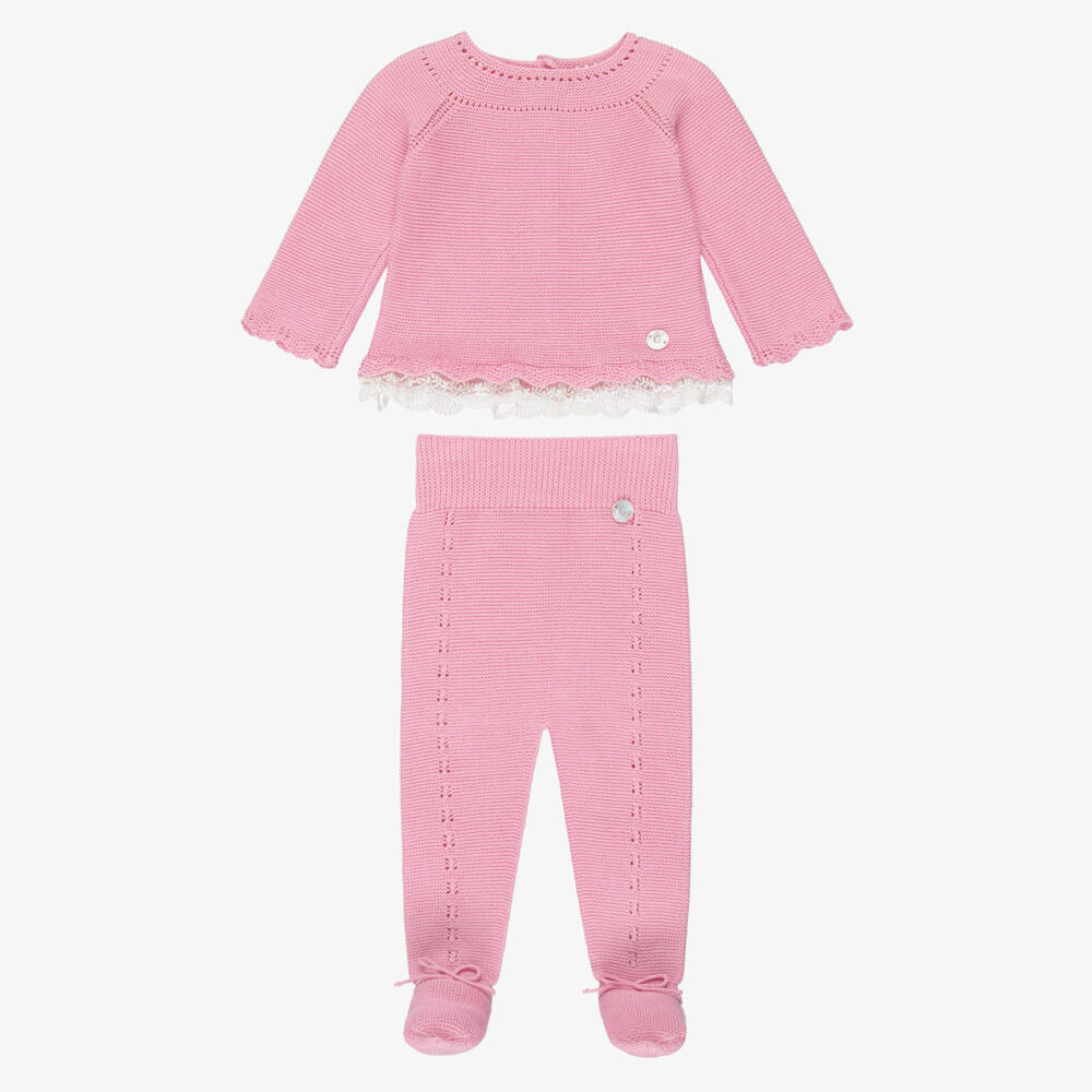 Artesanía Granlei-Girls Pink Knitted 2 Piece Babygrow with Lace Trim | Childrensalon Outlet