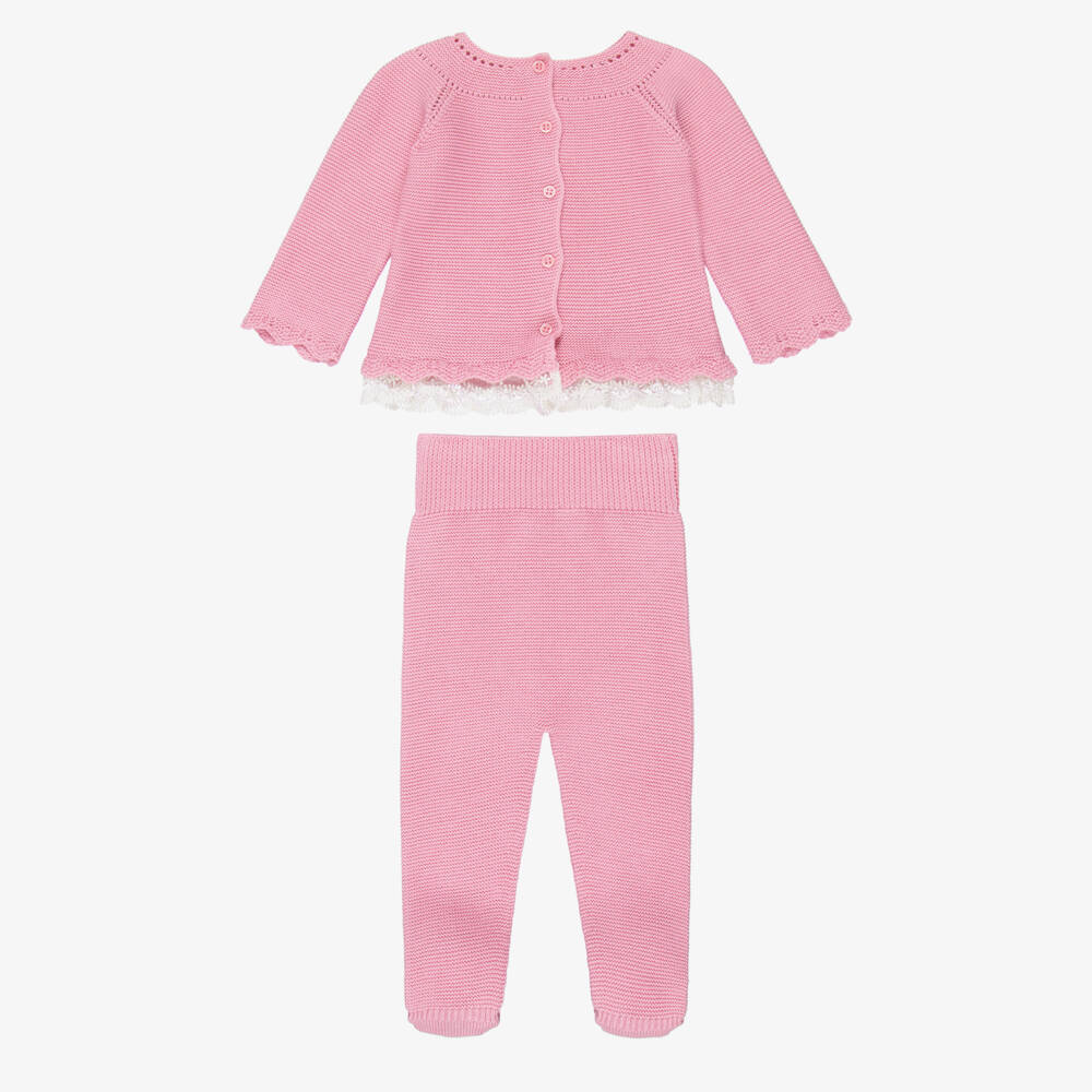 Artesanía Granlei-Girls Pink Knitted 2 Piece Babygrow with Lace Trim | Childrensalon Outlet