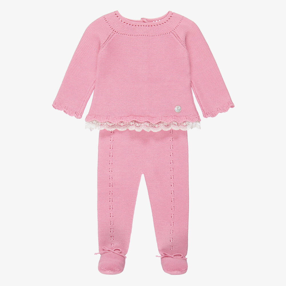 Artesanía Granlei-Girls Pink Knitted 2 Piece Babygrow with Lace Trim | Childrensalon Outlet