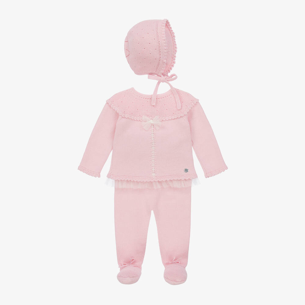 Artesanía Granlei-Розовый трикотажный комбинезон и чепчик для девочек | Childrensalon Outlet