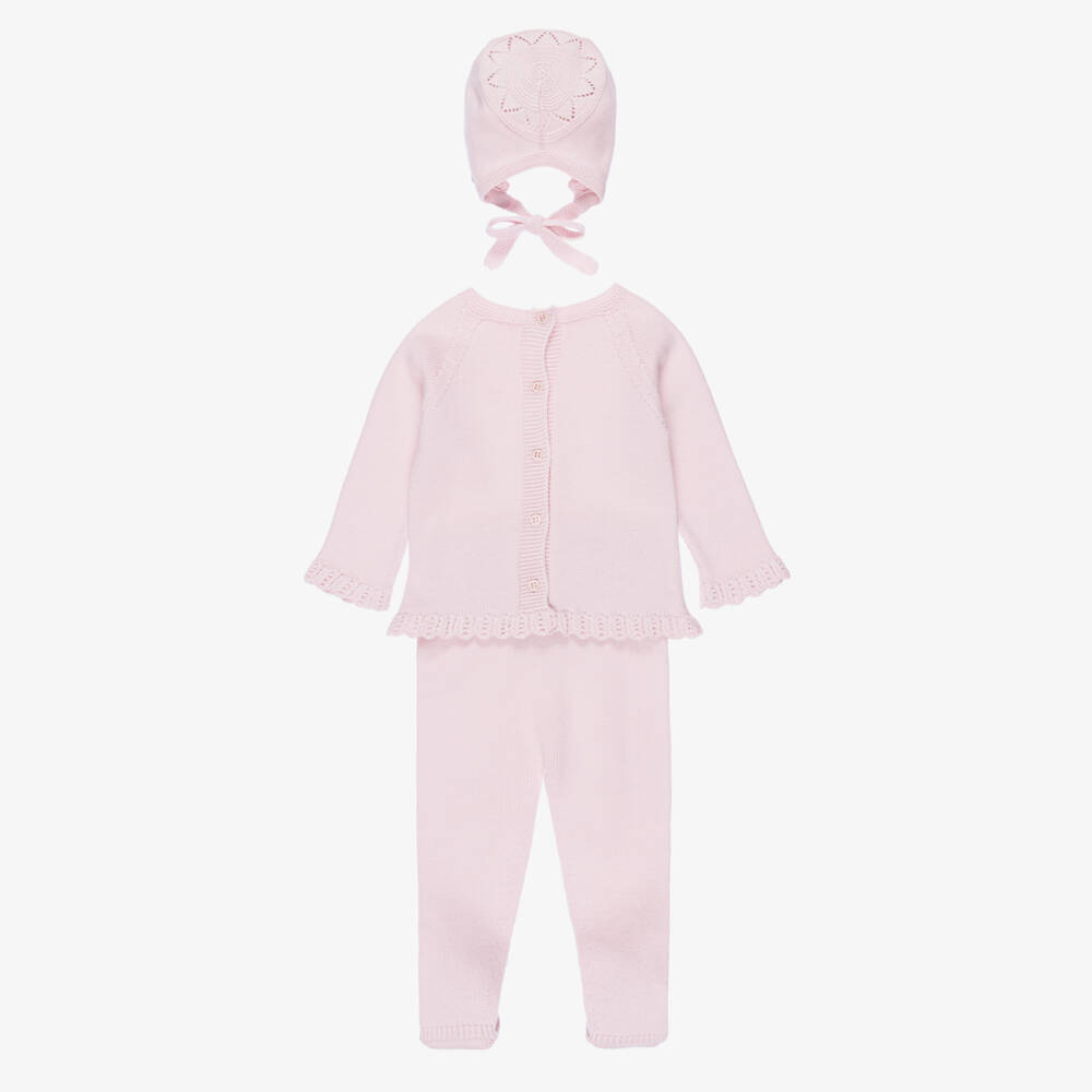 Artesanía Granlei-Girls Pink Knitted Babysuit Set with Ribbon Trim | Childrensalon Outlet