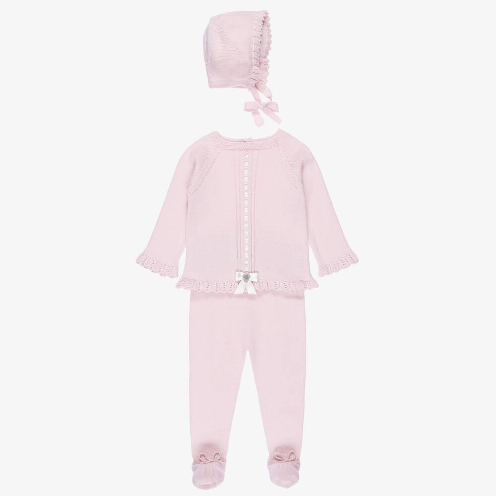 Artesanía Granlei-Girls Pink Knitted Babysuit Set with Ribbon Trim | Childrensalon Outlet