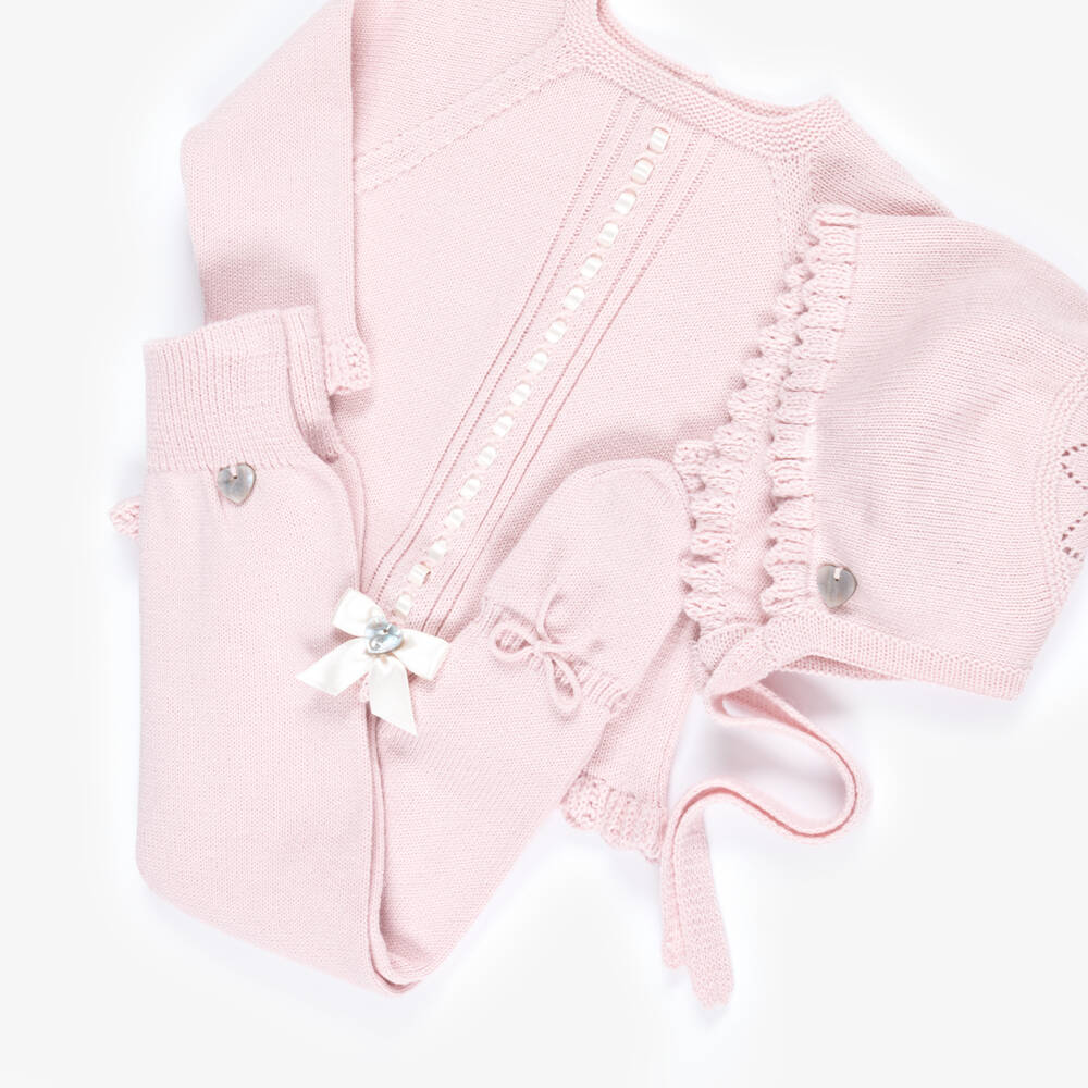 Artesanía Granlei-Girls Pink Knitted Babysuit Set with Ribbon Trim | Childrensalon Outlet