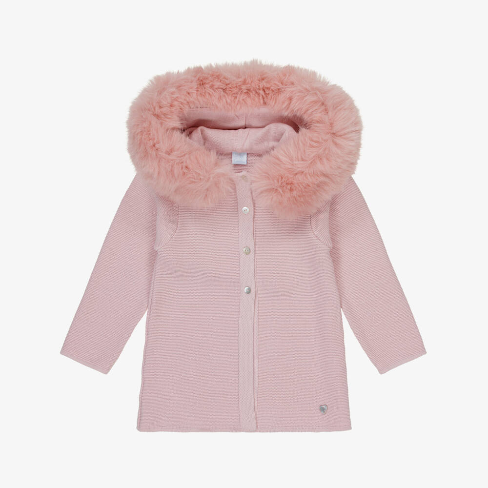 Artesanía Granlei-Girls Pink Knitted Coat with Faux Fur Trim | Childrensalon Outlet