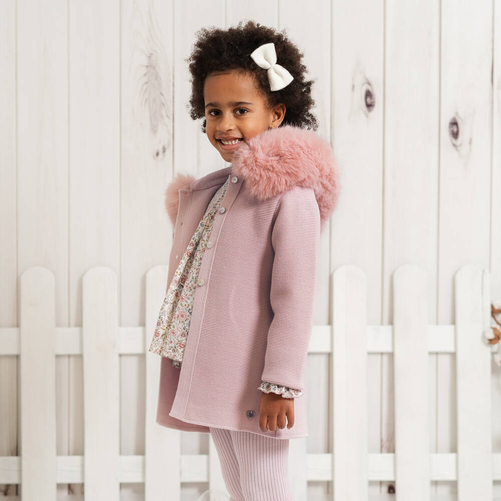 Artesanía Granlei-Girls Pink Knitted Coat with Faux Fur Trim | Childrensalon Outlet