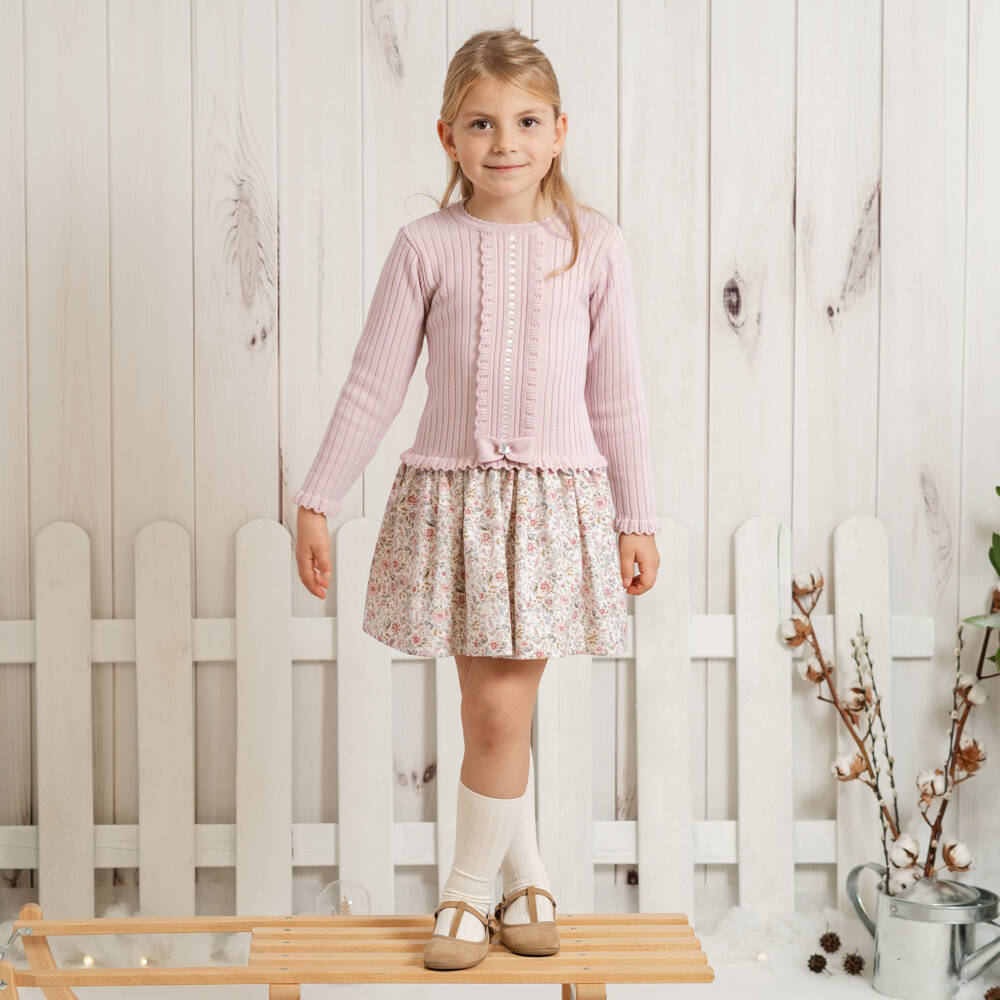 Artesanía Granlei-Girls Pink Knitted Cotton & Floral Print Dress | Childrensalon Outlet