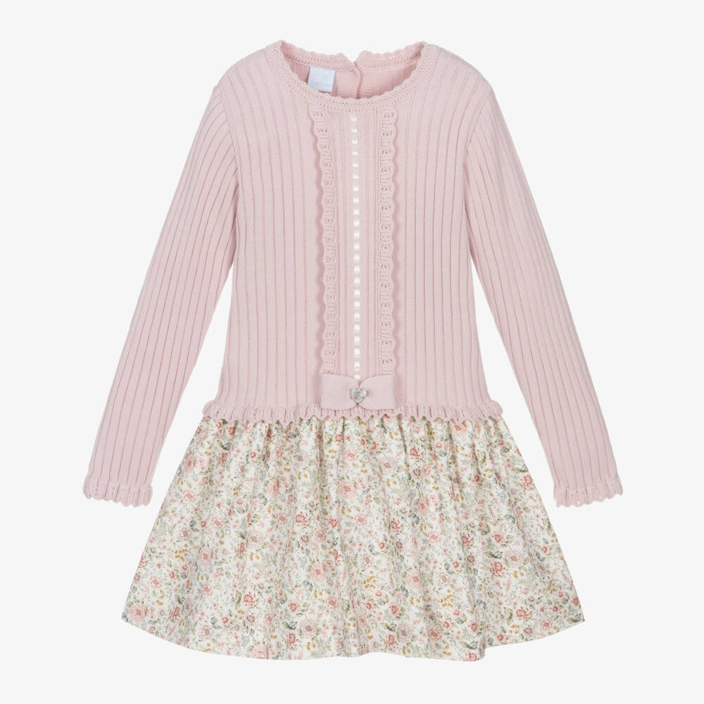 Artesanía Granlei-Girls Pink Knitted Cotton & Floral Print Dress | Childrensalon Outlet