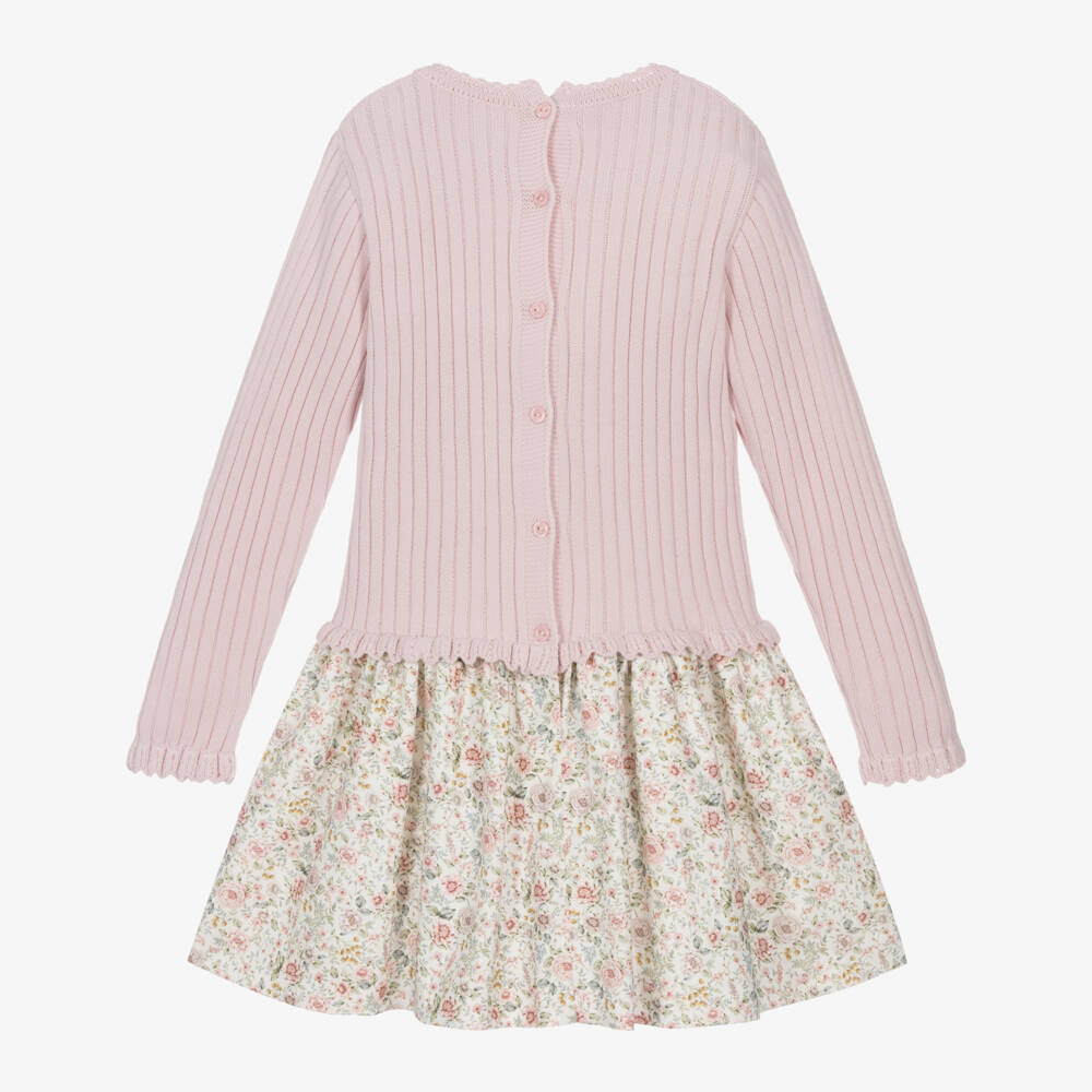 Artesanía Granlei-Girls Pink Knitted Cotton & Floral Print Dress | Childrensalon Outlet