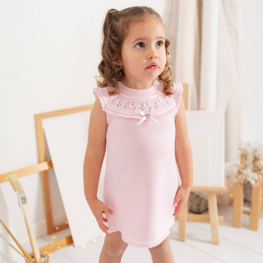 Artesanía Granlei-Girls Pink Knitted Dress with Lacy Collar | Childrensalon Outlet